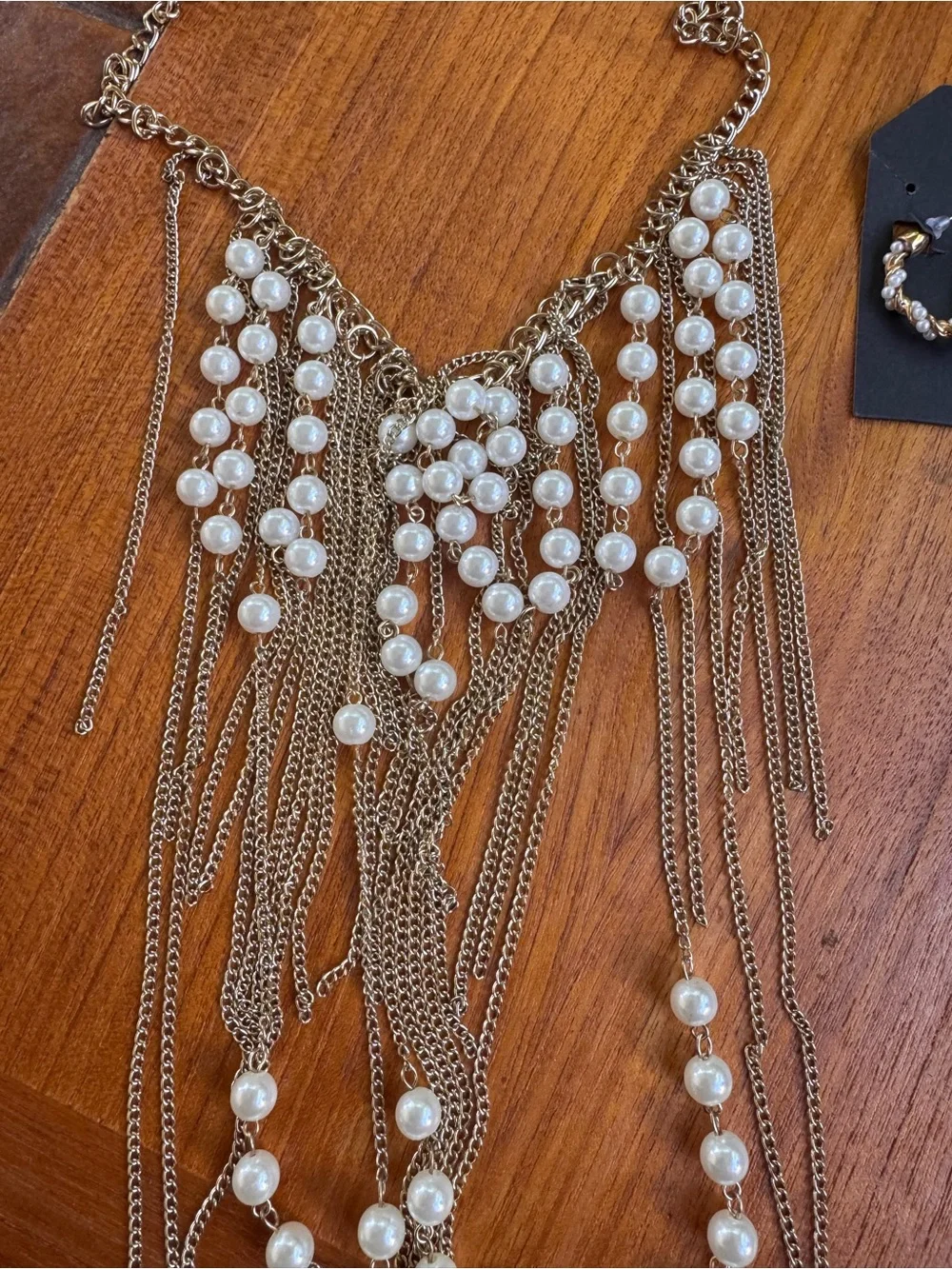 Gold Pearl Fringe Statement Necklace & Earrings- Elegant Women’s